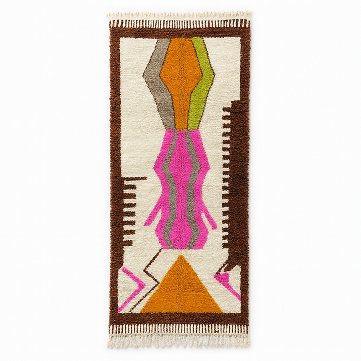 Colorful handmade Moroccan wool runner rug with pink, brown, orange, and green geometric Berber design