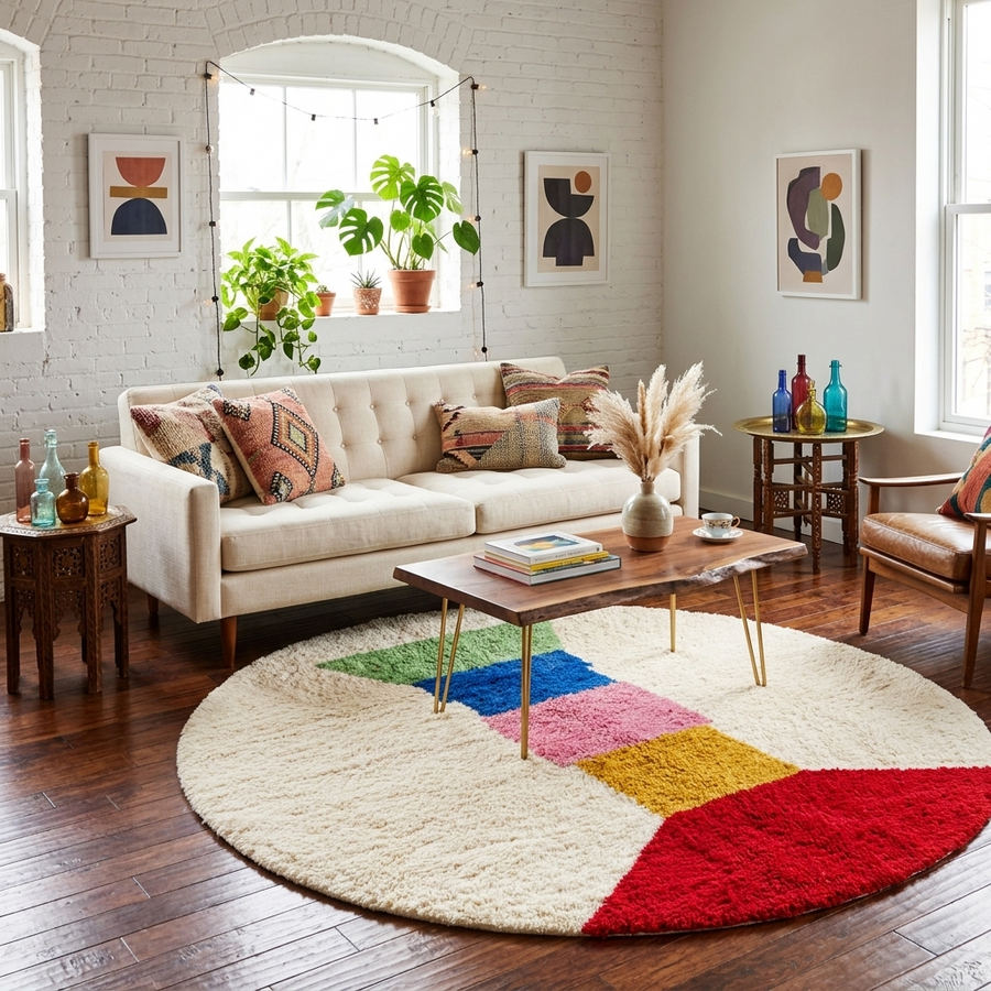 Colorful round Moroccan wool rug with handmade Berber design on white background.