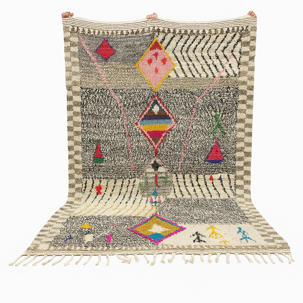 Handmade colorful Moroccan wool rug with tribal geometric diamond motifs – Berber carpet