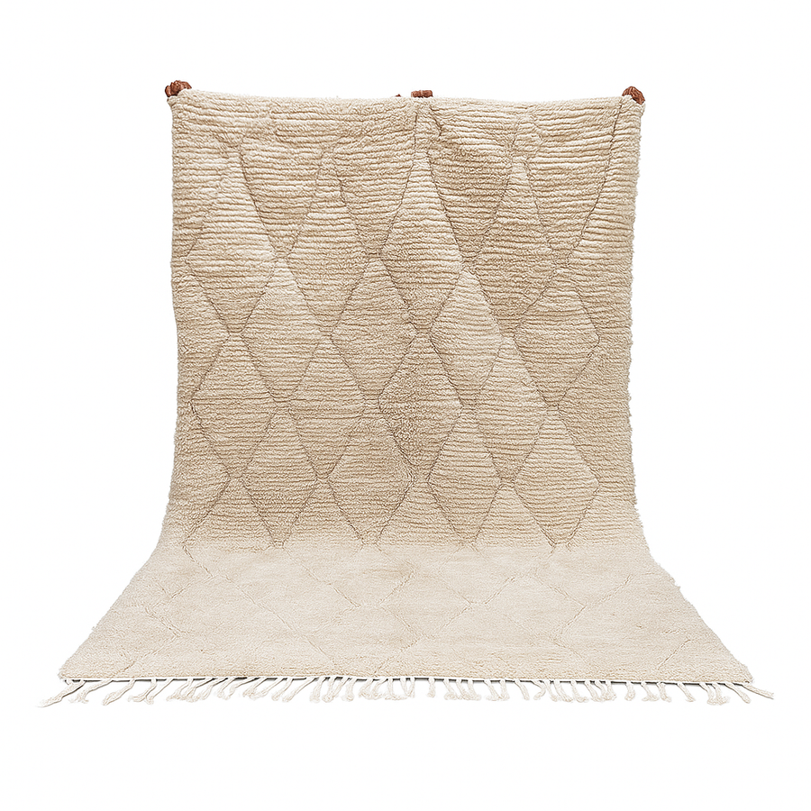 Cream Beni Mrirt Moroccan wool rug with raised diamond pattern, handmade by Berber artisans in the Atlas Mountains
