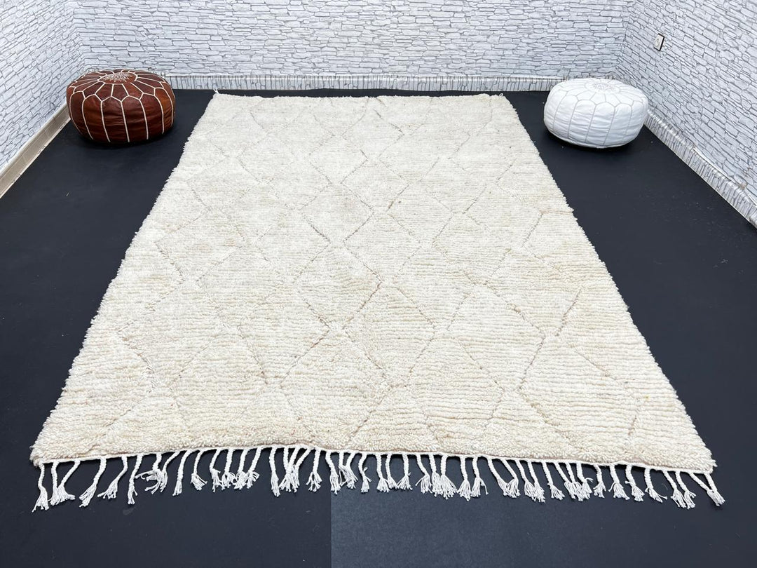 Cream Beni Mrirt Moroccan wool rug with raised diamond pattern, handmade by Berber artisans in the Atlas Mountains