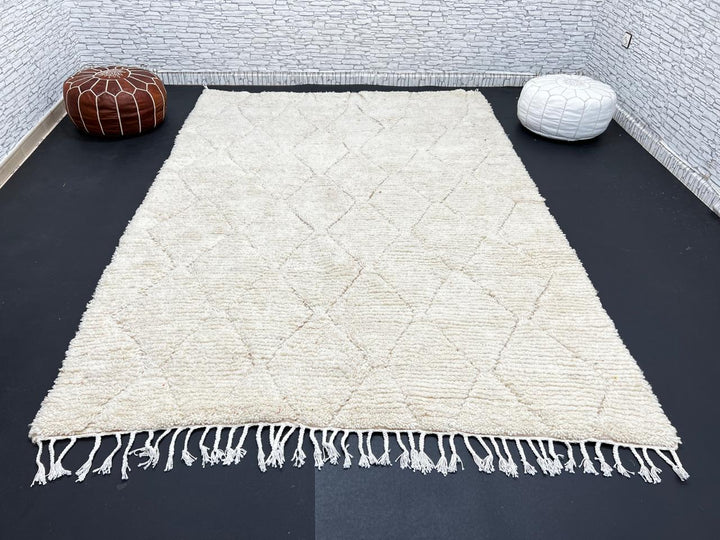 Cream Beni Mrirt Moroccan wool rug with raised diamond pattern, handmade by Berber artisans in the Atlas Mountains