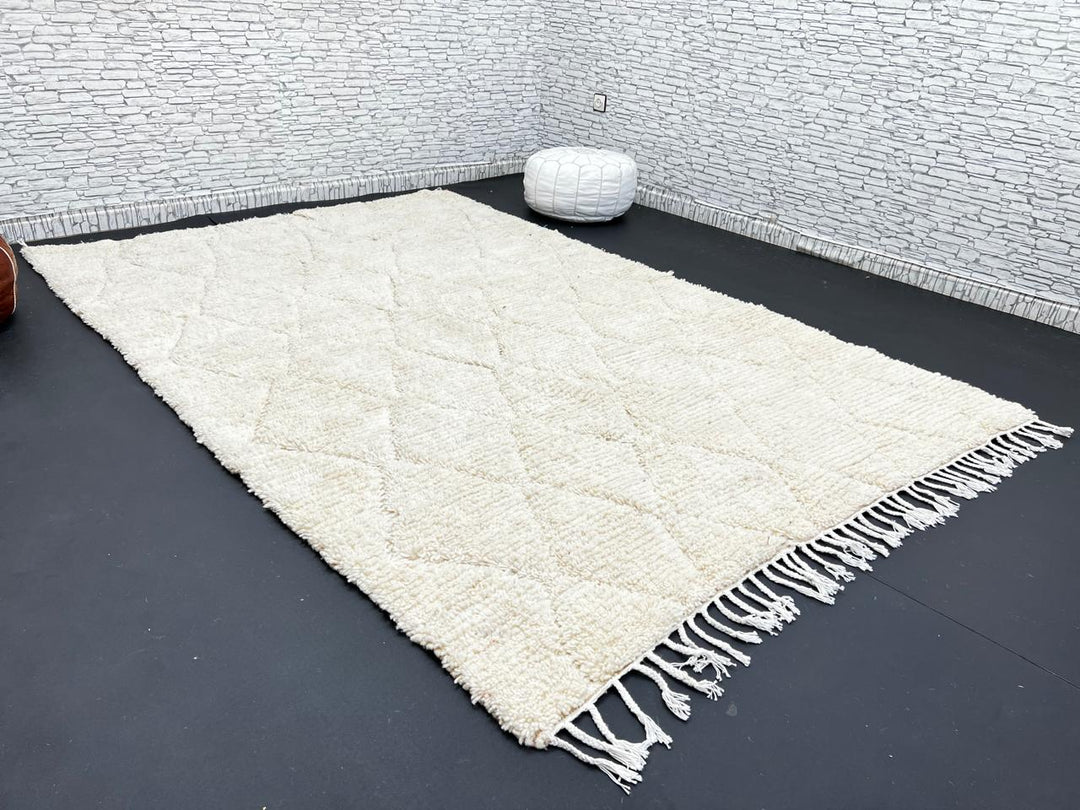 Cream Beni Mrirt Moroccan wool rug with raised diamond pattern, handmade by Berber artisans in the Atlas Mountains
