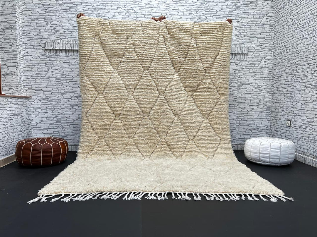Cream Beni Mrirt Moroccan wool rug with raised diamond pattern, handmade by Berber artisans in the Atlas Mountains