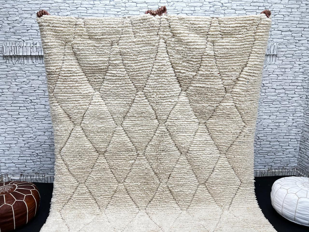 Cream Beni Mrirt Moroccan wool rug with raised diamond pattern, handmade by Berber artisans in the Atlas Mountains