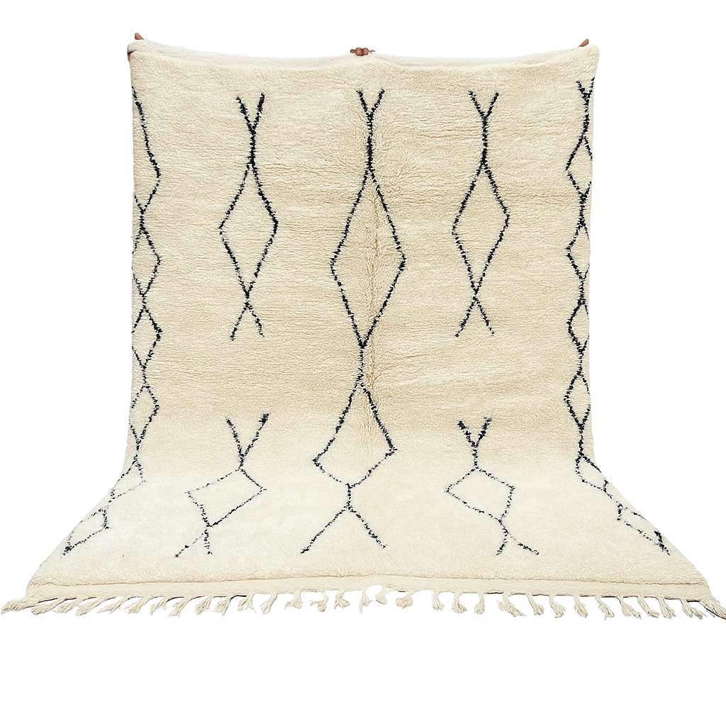 Cream Beni Ourain Moroccan wool rug with black diamond pattern