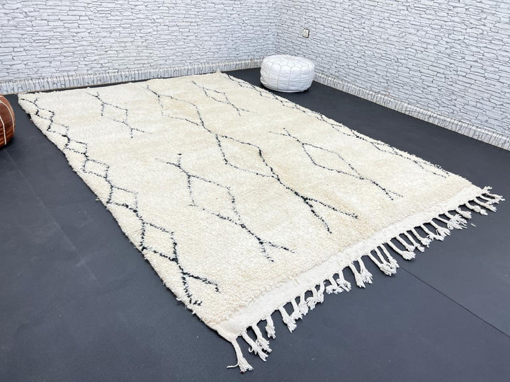 Cream Beni Ourain Moroccan wool rug with black diamond pattern