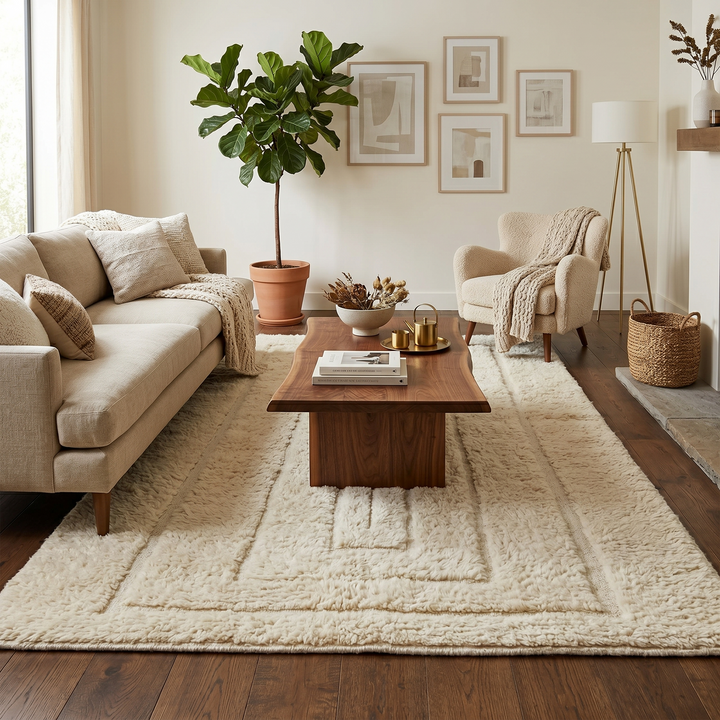 Handmade Beni Mrirt Moroccan wool rug with subtle geometric design. Ultra-soft, luxurious, and ethically crafted in Morocco.