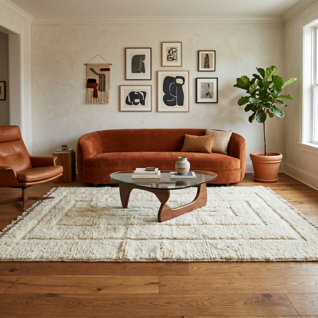Handmade Beni Mrirt Moroccan wool rug with subtle geometric design. Ultra-soft, luxurious, and ethically crafted in Morocco.