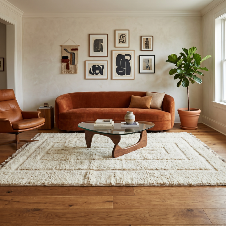 Handmade Beni Mrirt Moroccan wool rug with subtle geometric design. Ultra-soft, luxurious, and ethically crafted in Morocco.