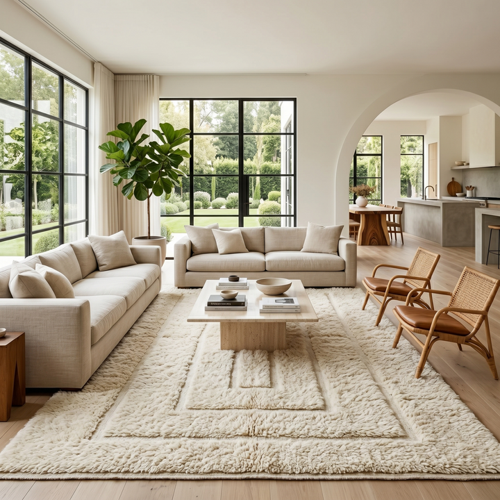 Handmade Beni Mrirt Moroccan wool rug with subtle geometric design. Ultra-soft, luxurious, and ethically crafted in Morocco.