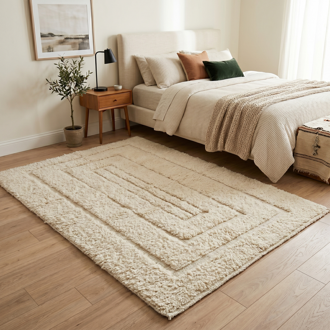 Handmade Beni Mrirt Moroccan wool rug with subtle geometric design. Ultra-soft, luxurious, and ethically crafted in Morocco.