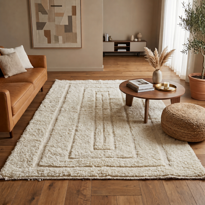 Handmade Beni Mrirt Moroccan wool rug with subtle geometric design. Ultra-soft, luxurious, and ethically crafted in Morocco.