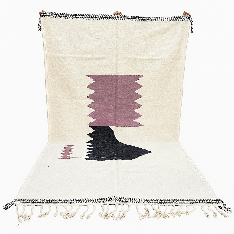 Handwoven Moroccan flatweave rug in cream, light purple, and black – geometric wool Berber carpet handmade in Morocco