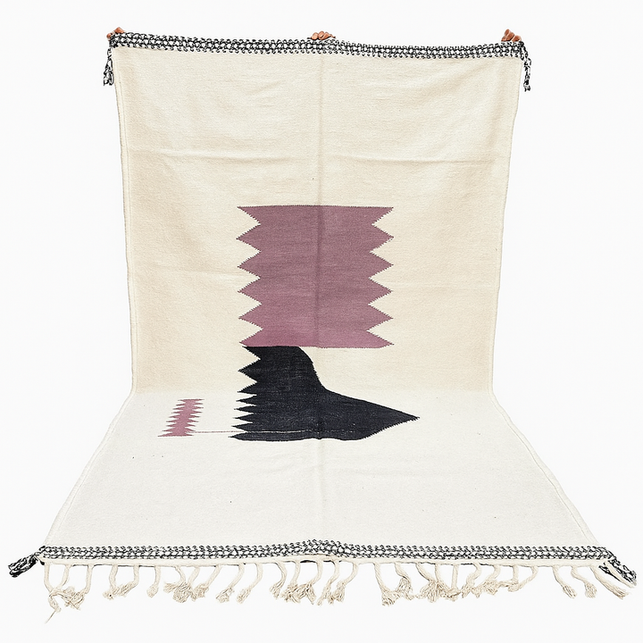 Handwoven Moroccan flatweave rug in cream, light purple, and black – geometric wool Berber carpet handmade in Morocco