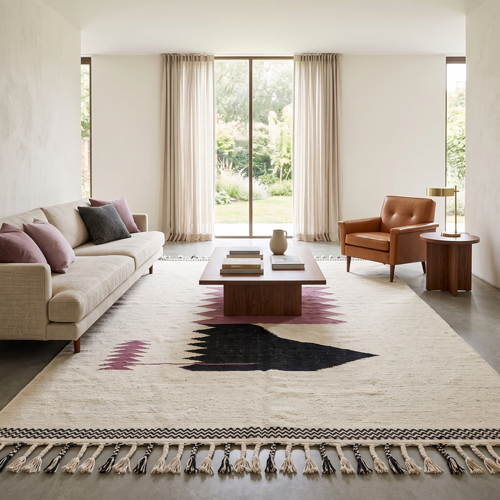 Handwoven Moroccan flatweave rug in cream, light purple, and black – geometric wool Berber carpet handmade in Morocco
