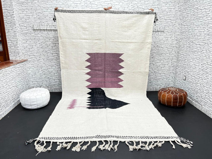 Handwoven Moroccan flatweave rug in cream, light purple, and black – geometric wool Berber carpet handmade in Morocco