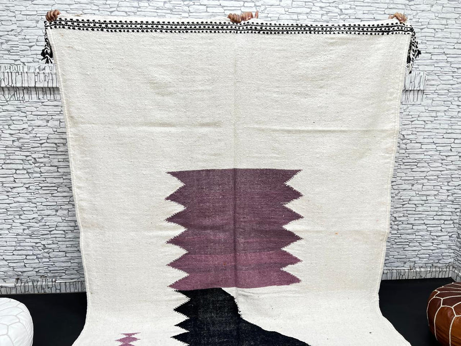 Handwoven Moroccan flatweave rug in cream, light purple, and black – geometric wool Berber carpet handmade in Morocco