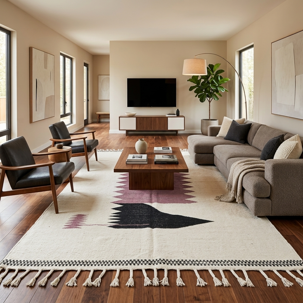 Handwoven Moroccan flatweave rug in cream, light purple, and black – geometric wool Berber carpet handmade in Morocco
