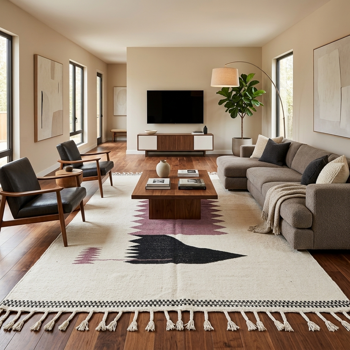 Handwoven Moroccan flatweave rug in cream, light purple, and black – geometric wool Berber carpet handmade in Morocco
