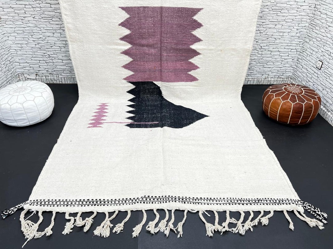 Handwoven Moroccan flatweave rug in cream, light purple, and black – geometric wool Berber carpet handmade in Morocco