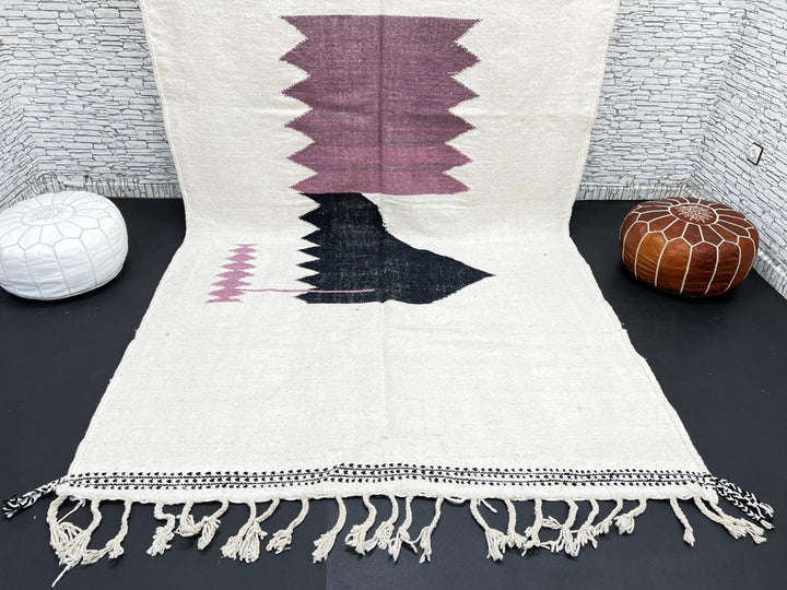 Handwoven Moroccan flatweave rug in cream, light purple, and black – geometric wool Berber carpet handmade in Morocco