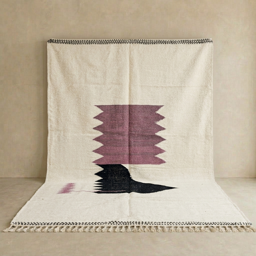 Handwoven Moroccan flatweave rug in cream, light purple, and black – geometric wool Berber carpet handmade in Morocco
