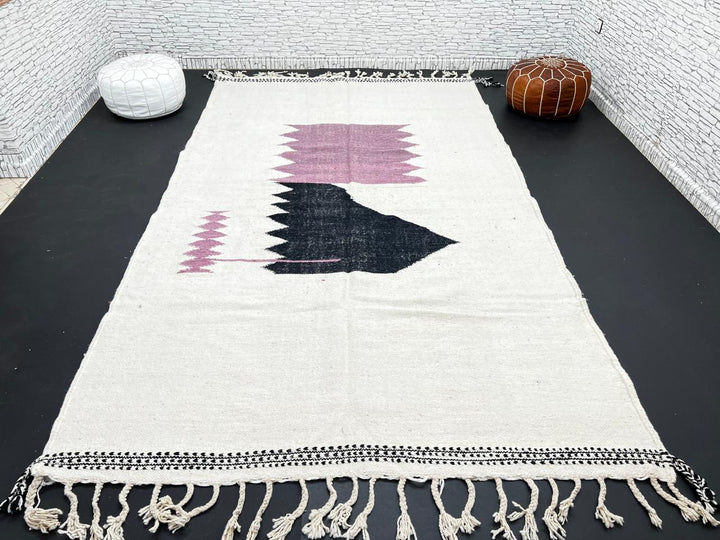 Handwoven Moroccan flatweave rug in cream, light purple, and black – geometric wool Berber carpet handmade in Morocco