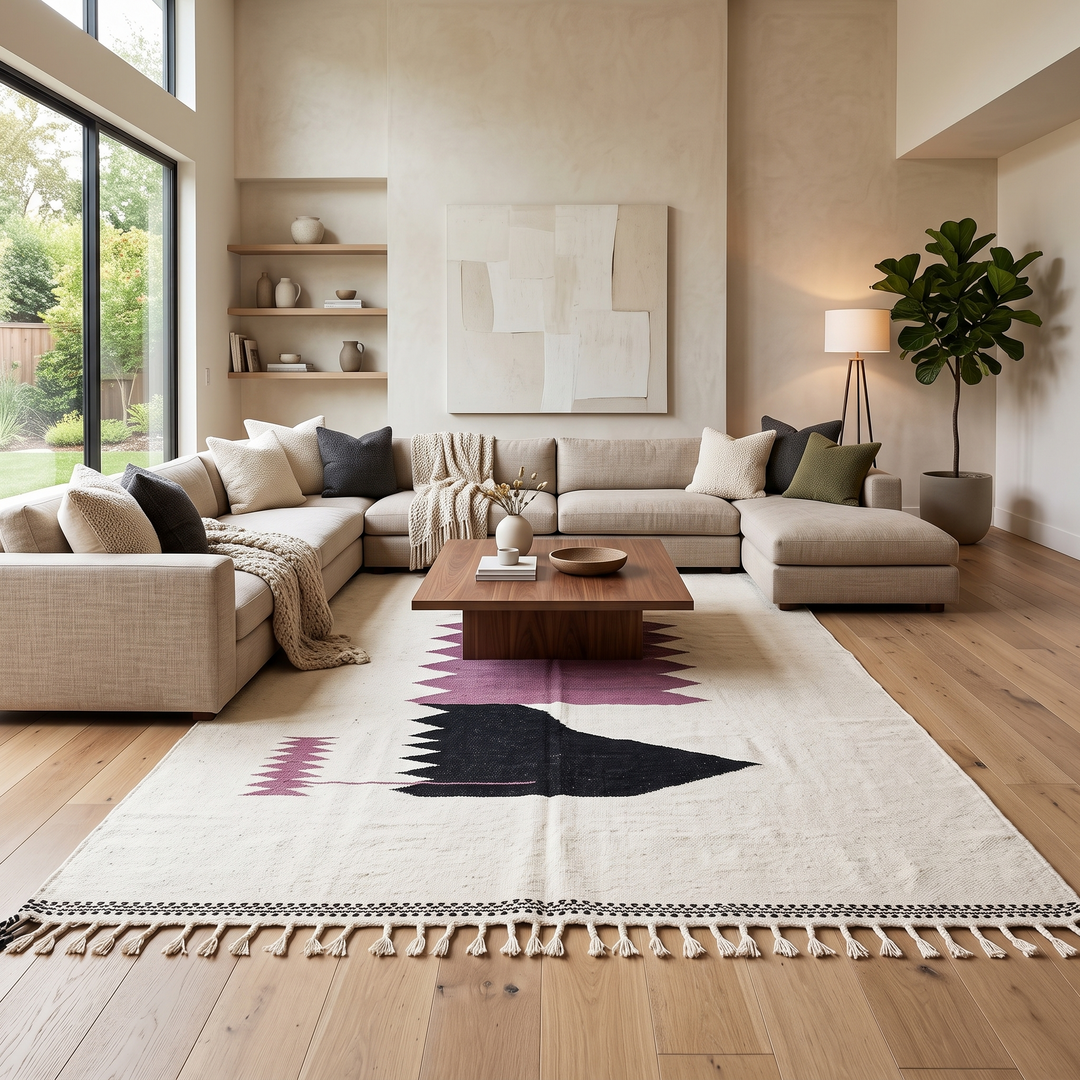 Handwoven Moroccan flatweave rug in cream, light purple, and black – geometric wool Berber carpet handmade in Morocco
