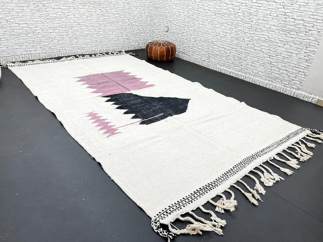 Handwoven Moroccan flatweave rug in cream, light purple, and black – geometric wool Berber carpet handmade in Morocco
