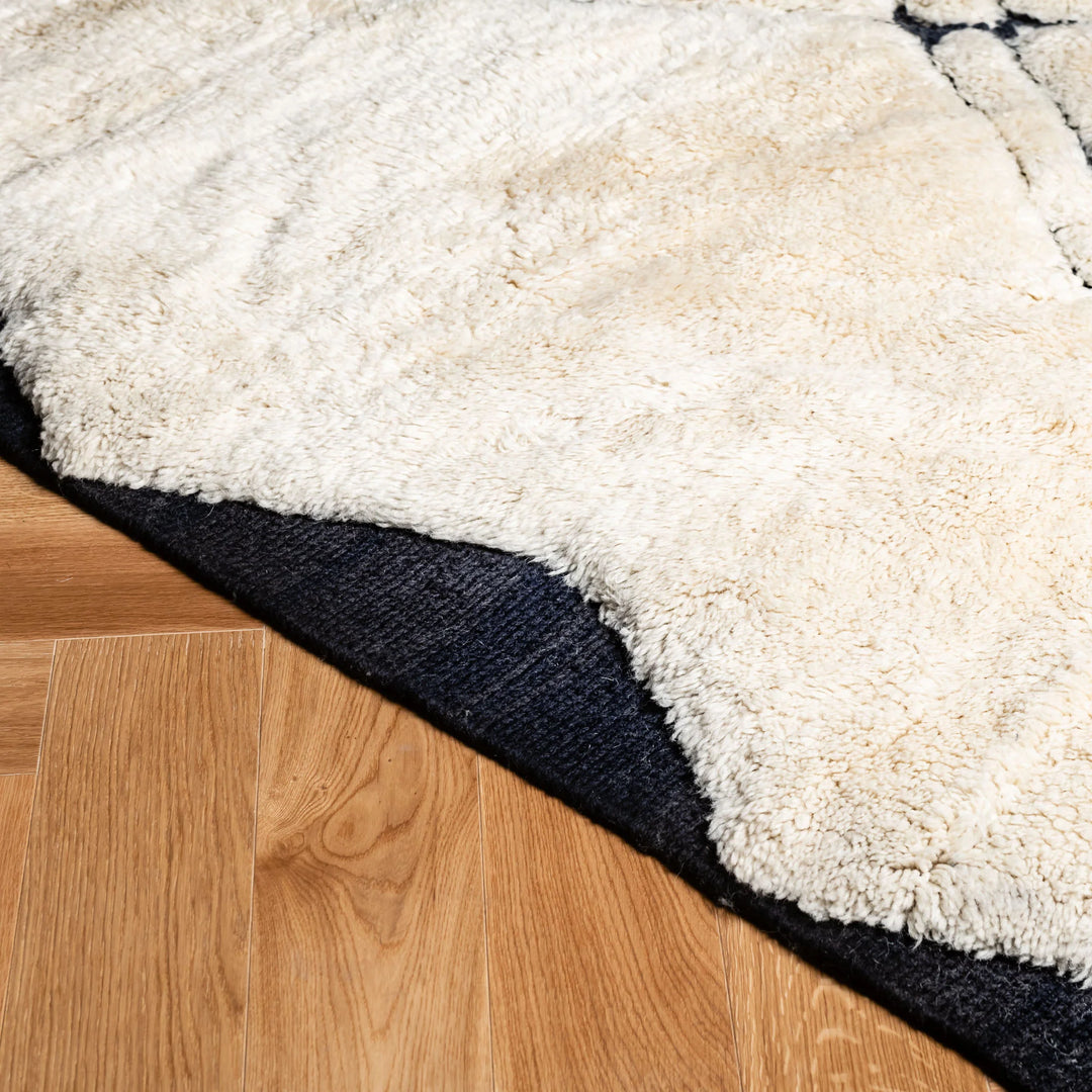 Cream Moroccan Rug with Black Mountain Lines – Wool Handmade