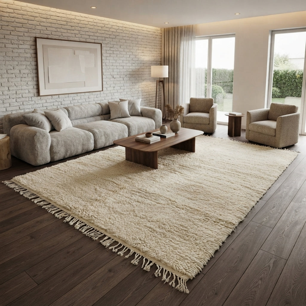 Cream handmade Moroccan wool rug with soft plush texture and fringed edges
