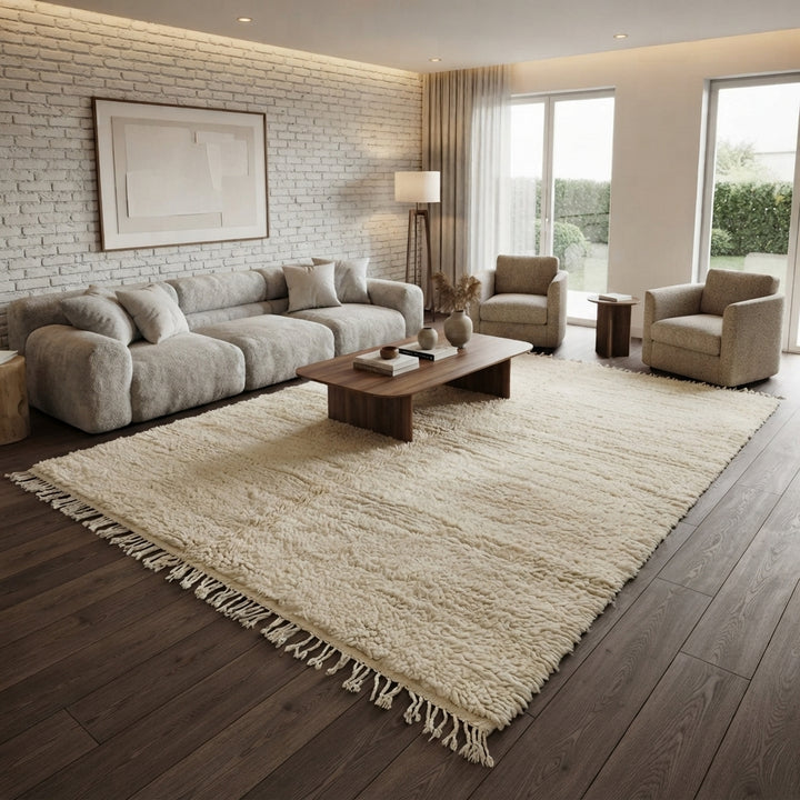 Cream handmade Moroccan wool rug with soft plush texture and fringed edges
