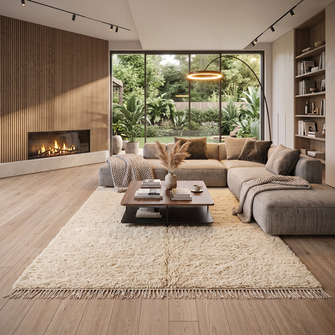 Cream handmade Moroccan wool rug with soft plush texture and fringed edges
