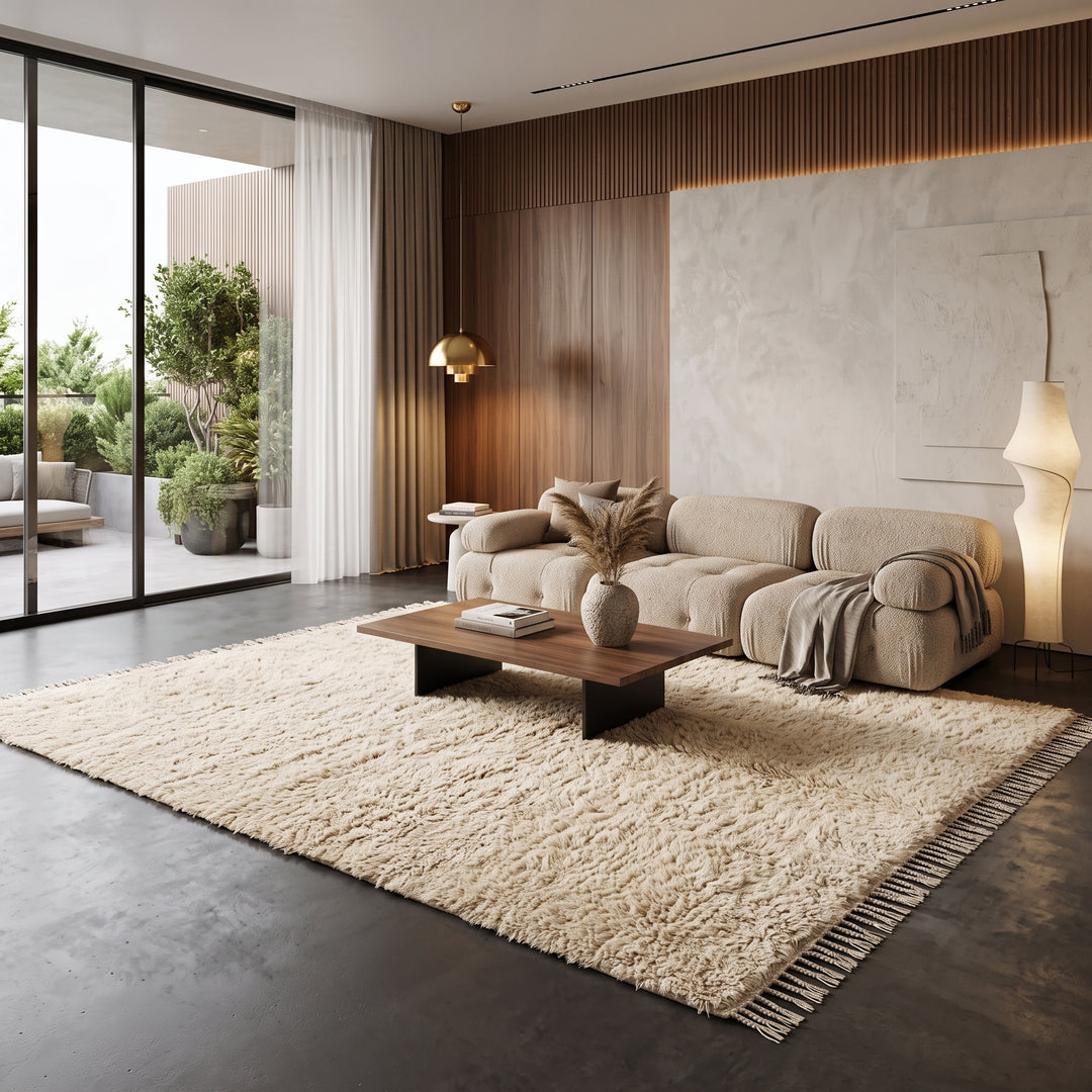 Cream handmade Moroccan wool rug with soft plush texture and fringed edges
