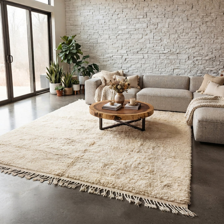 Cream handmade Moroccan wool rug with soft plush texture and fringed edges
