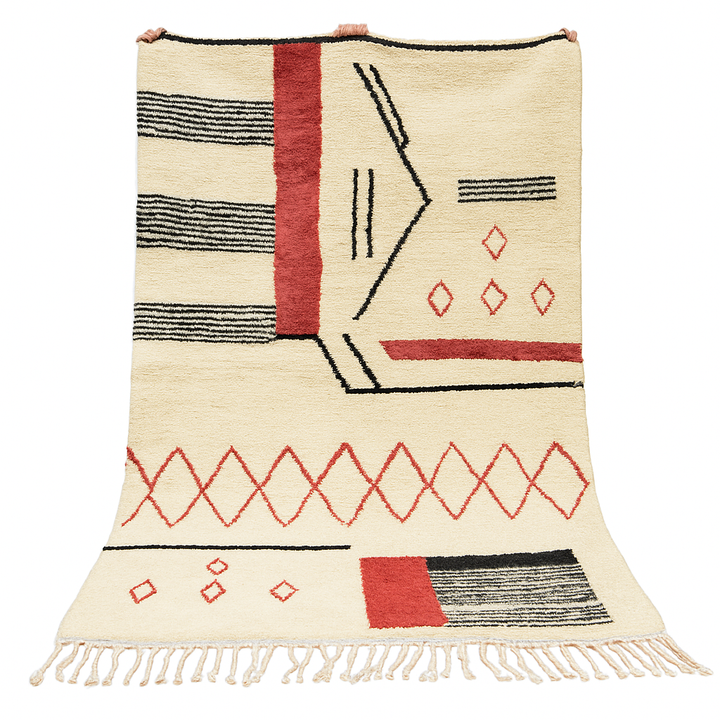 Handmade cream Moroccan wool rug with red and black geometric lines – modern Berber design