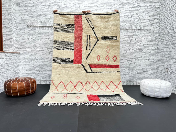 Handmade cream Moroccan wool rug with red and black geometric lines – modern Berber design