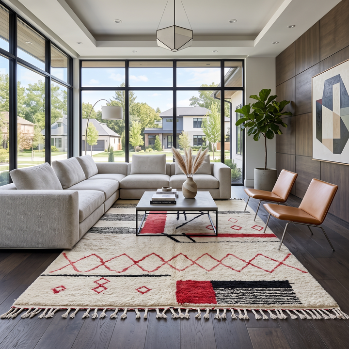 Handmade cream Moroccan wool rug with red and black geometric lines – modern Berber design