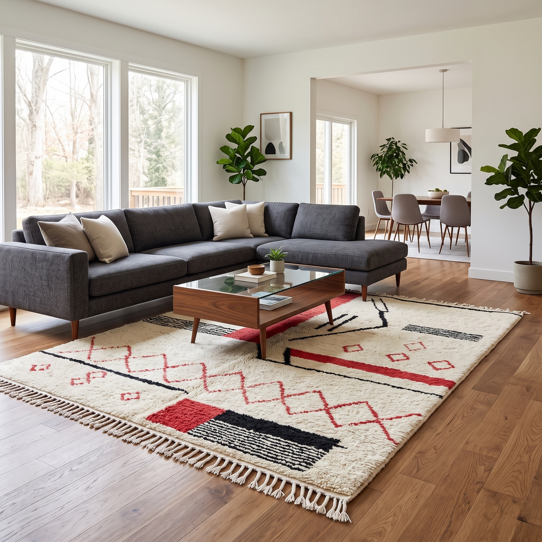 Handmade cream Moroccan wool rug with red and black geometric lines – modern Berber design