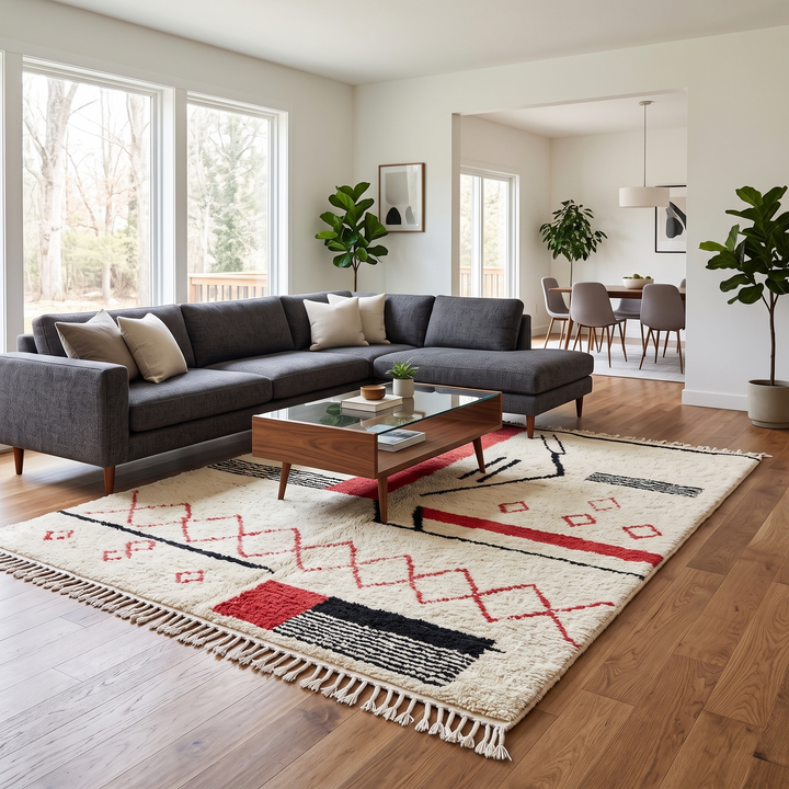 Handmade cream Moroccan wool rug with red and black geometric lines – modern Berber design