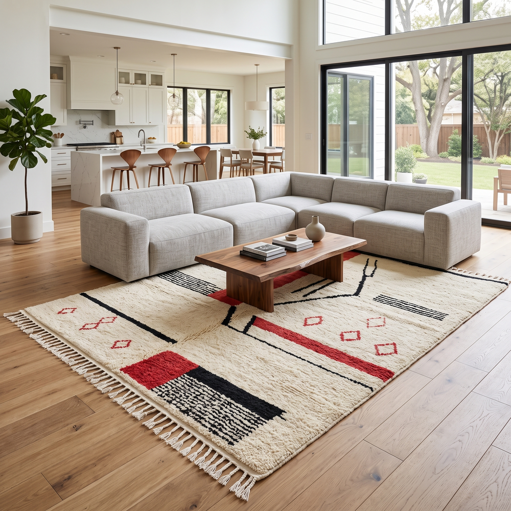 Handmade cream Moroccan wool rug with red and black geometric lines – modern Berber design