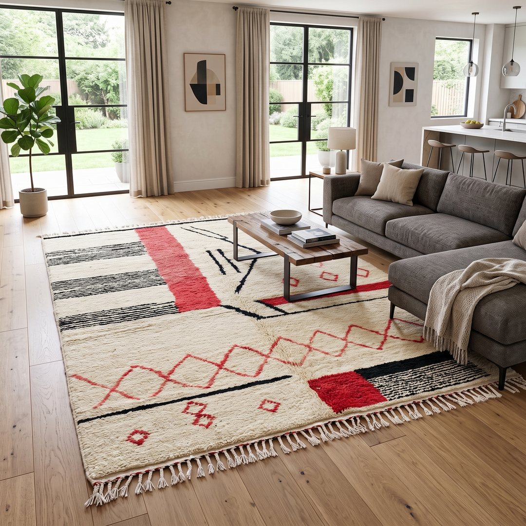 Handmade cream Moroccan wool rug with red and black geometric lines – modern Berber design