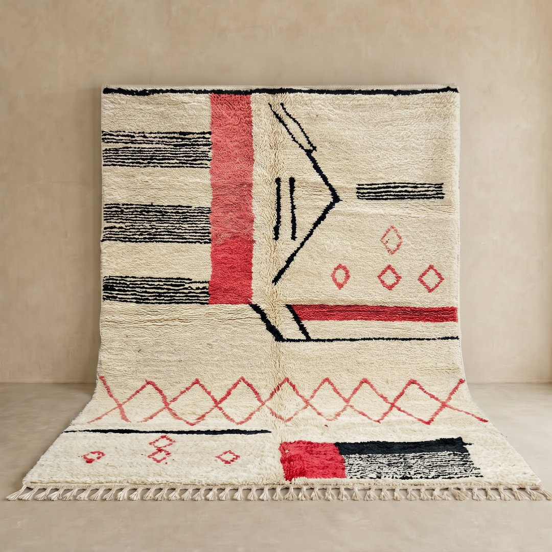 Handmade cream Moroccan wool rug with red and black geometric lines – modern Berber design