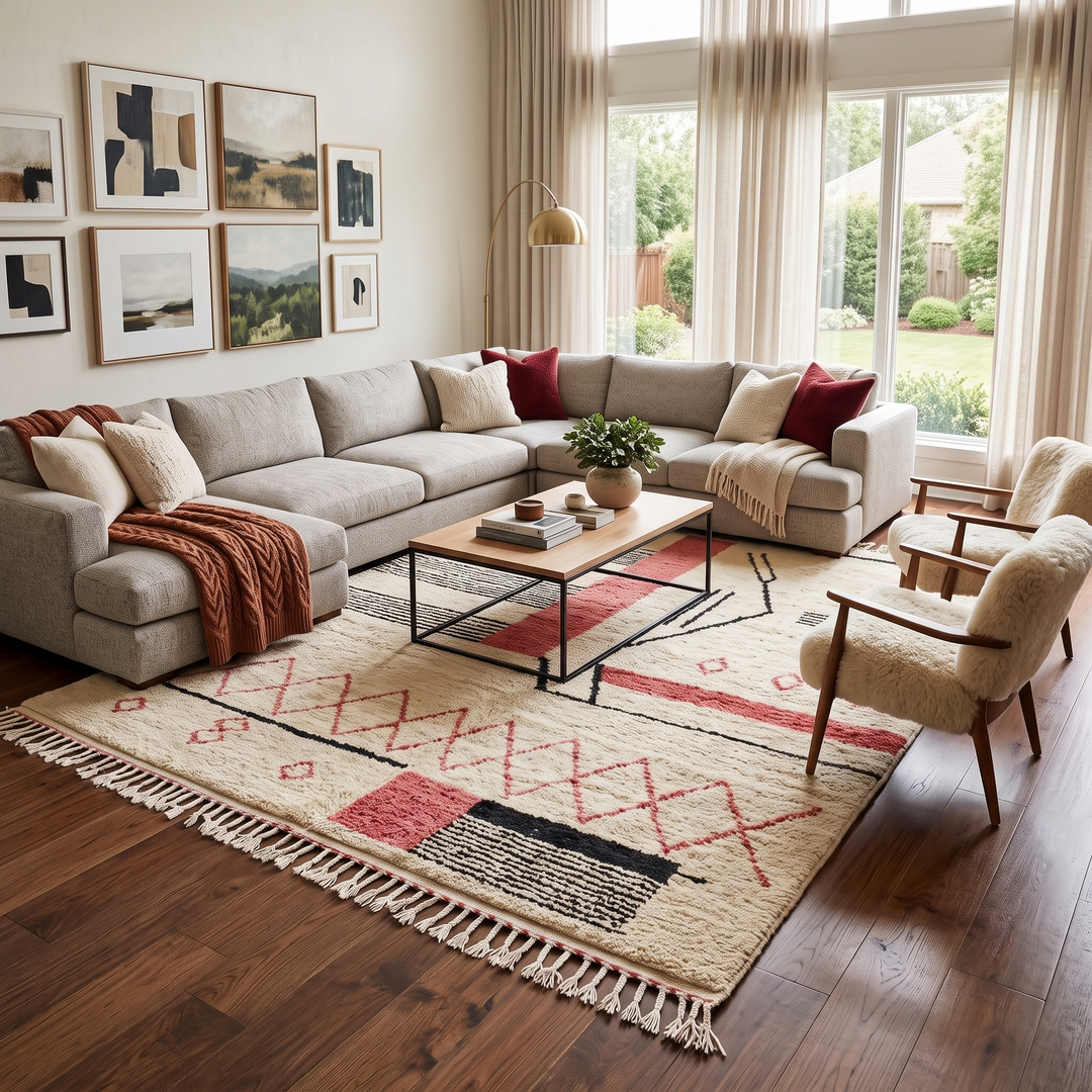 Handmade cream Moroccan wool rug with red and black geometric lines – modern Berber design