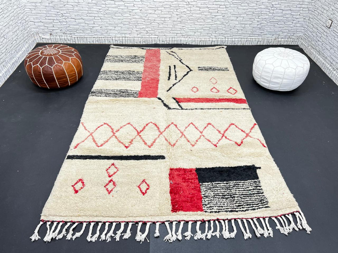 Handmade cream Moroccan wool rug with red and black geometric lines – modern Berber design