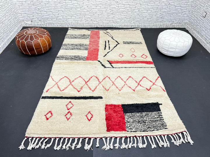 Handmade cream Moroccan wool rug with red and black geometric lines – modern Berber design