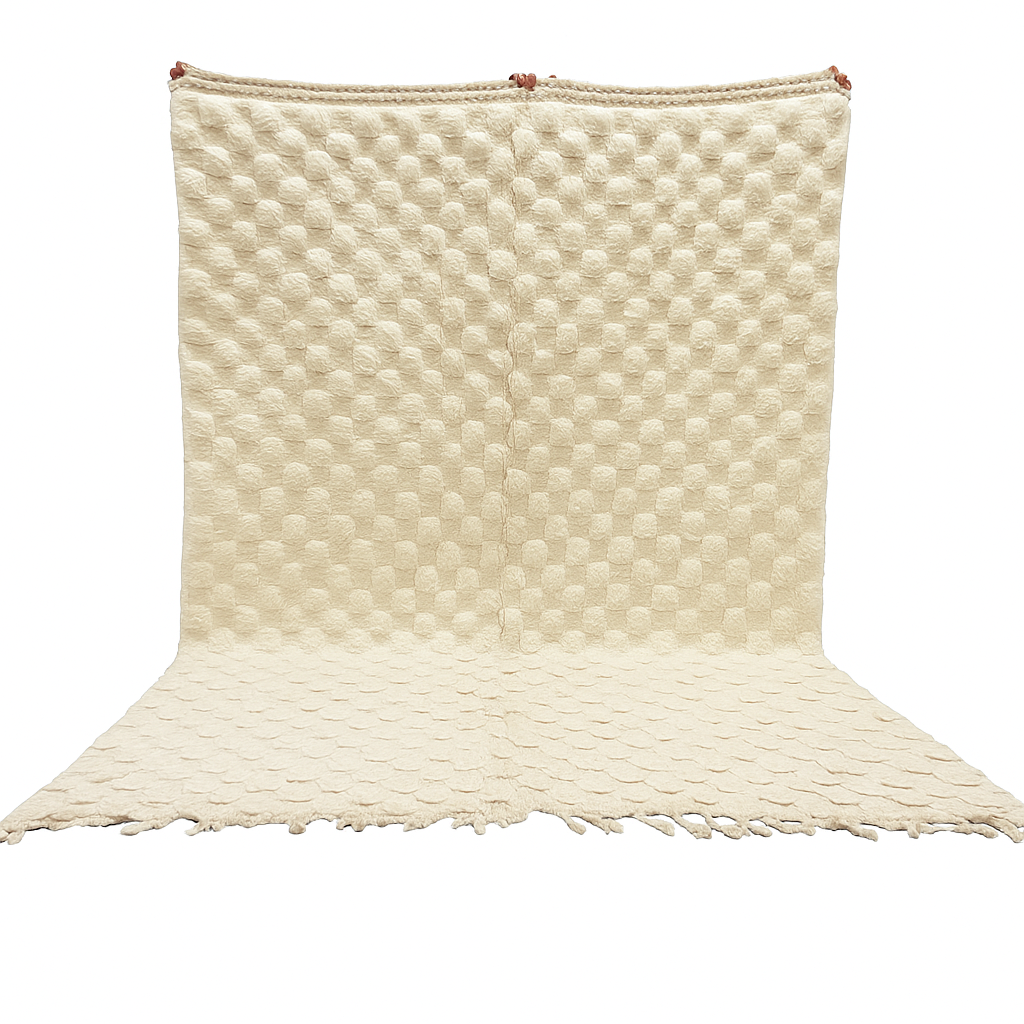 Cream textured Moroccan wool rug with raised dot design