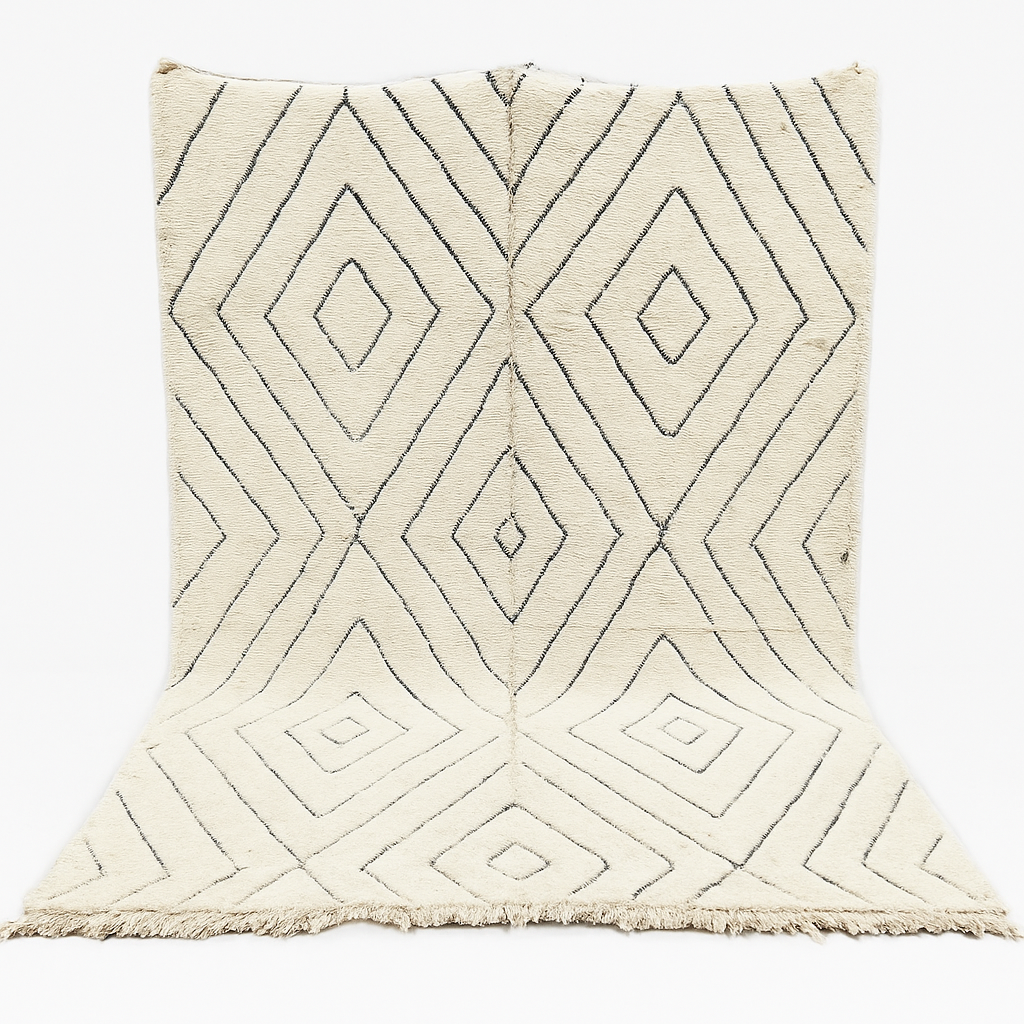 Handmade cream white Moroccan wool rug with black diamond lines and plush wool texture