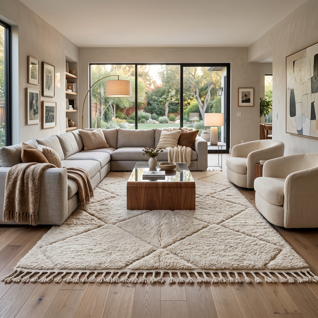Handwoven Beni Ourain Moroccan rug in cream white wool with soft diamond pattern – plush Berber carpet